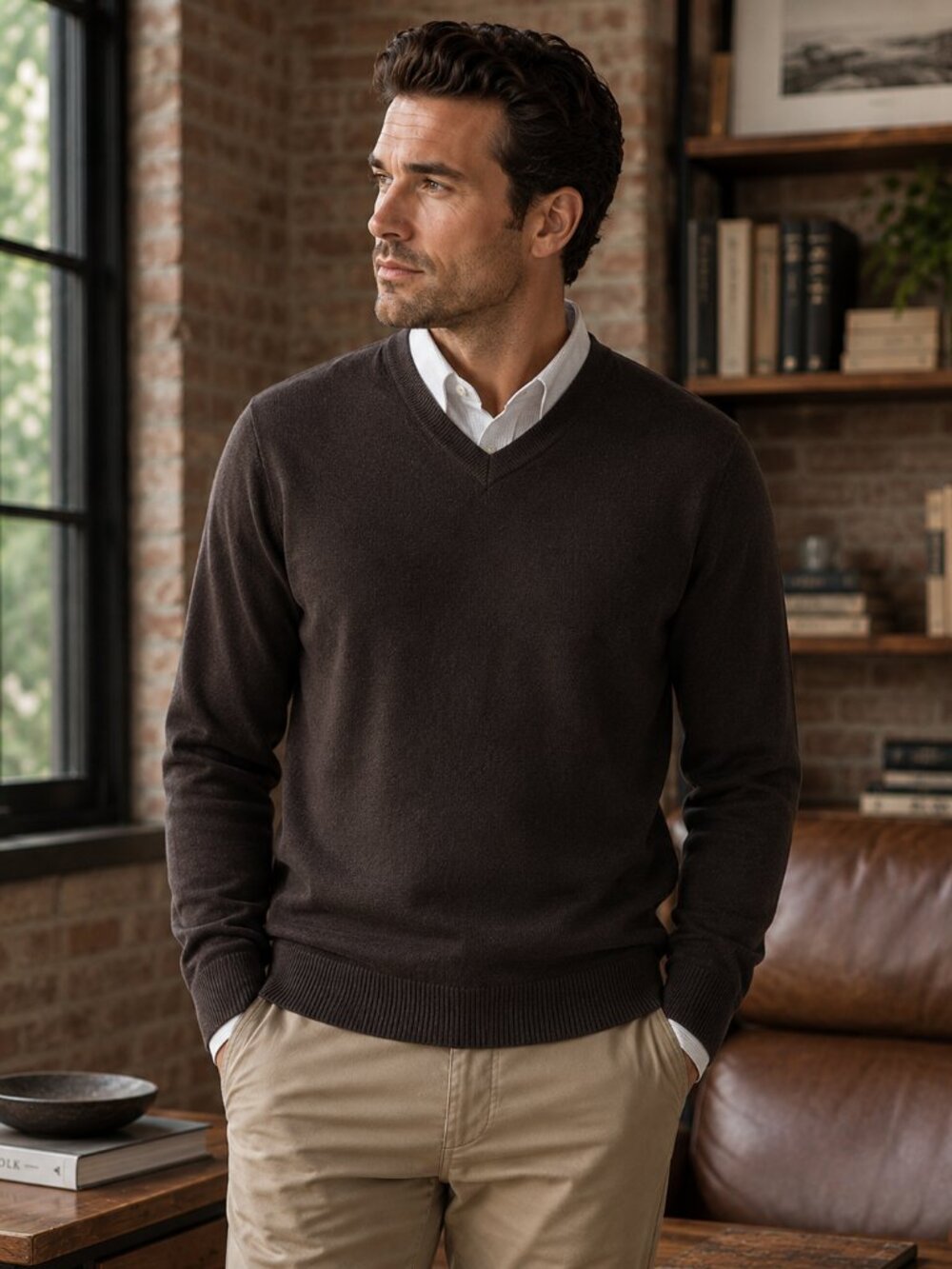 V-Neck Wool Blend Sweater Men's Large Brown Lorenzo Magni